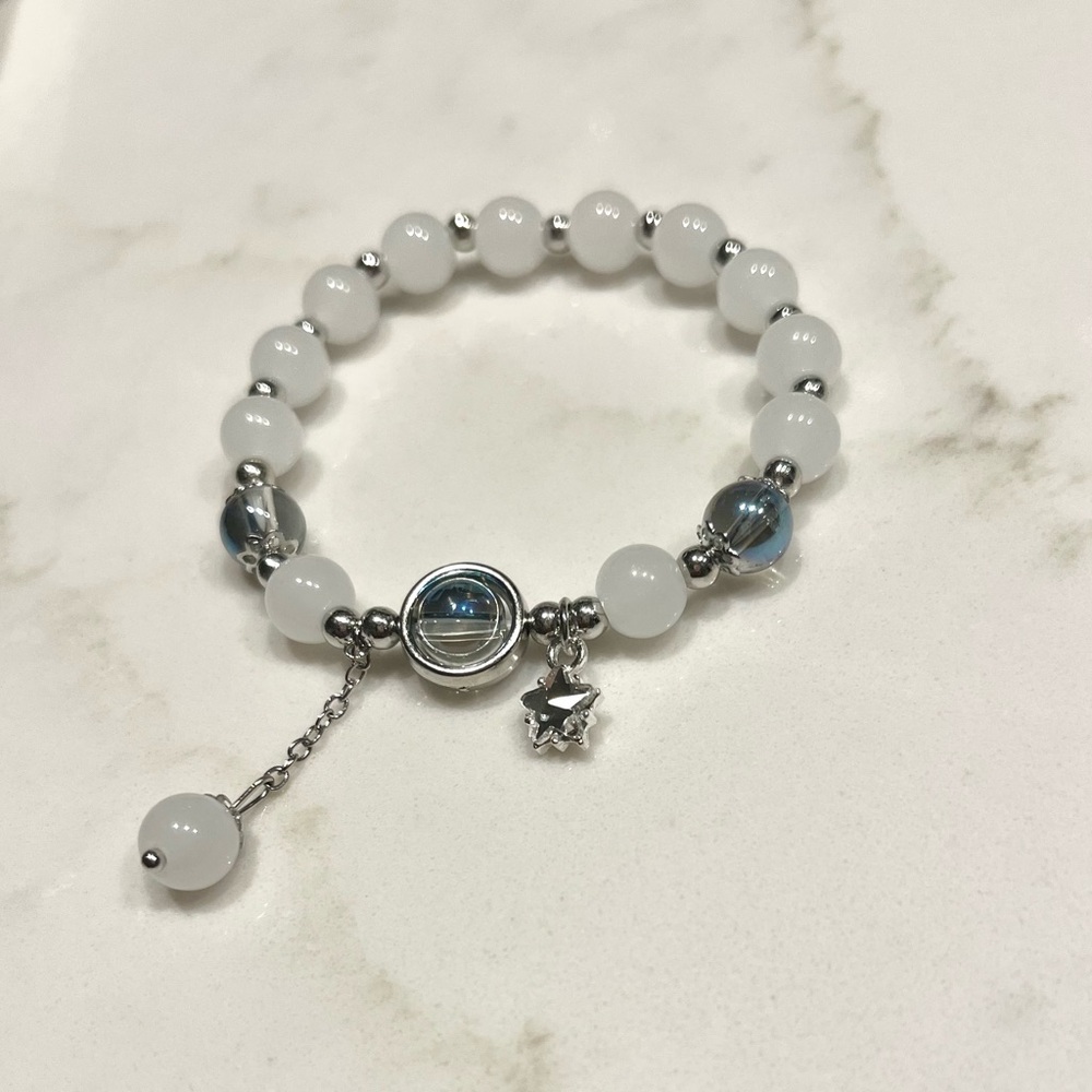 Elegant White and Silver Bracelet with Shiny Star Charm Handmade